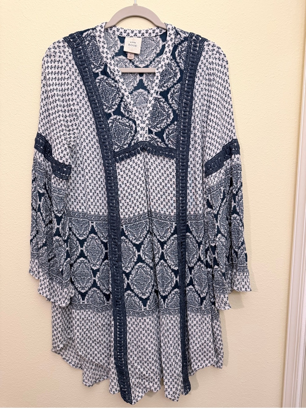 Knox Rose Navy and White Printed Tunic with Boho Trim